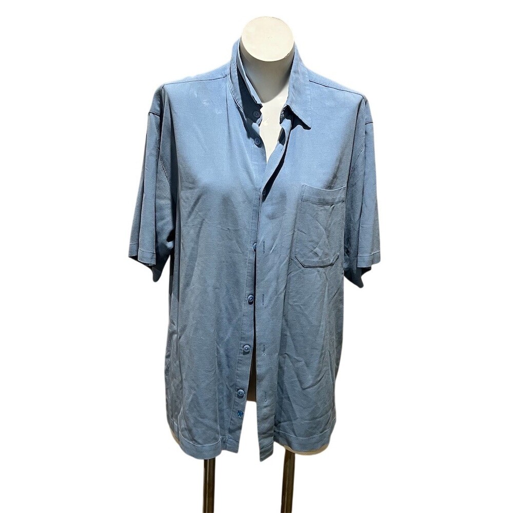 Linea Rosso Camp Shirt Mens L Blue Solid Short Sleeve Button-Up Pocket